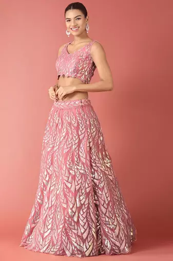pink sequins net lehenga set choli with dupatta with dupatta