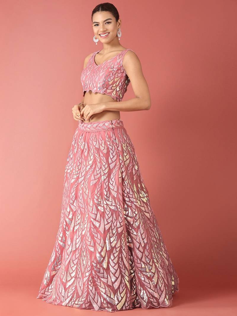 Outstanding Pink Sequins Net Lehenga Choli With Dupatta