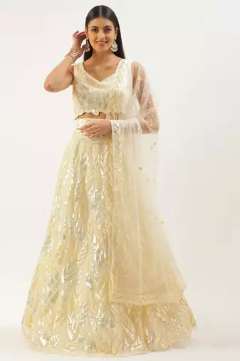 yellow sequins net lehenga set choli with dupatta with dupatta