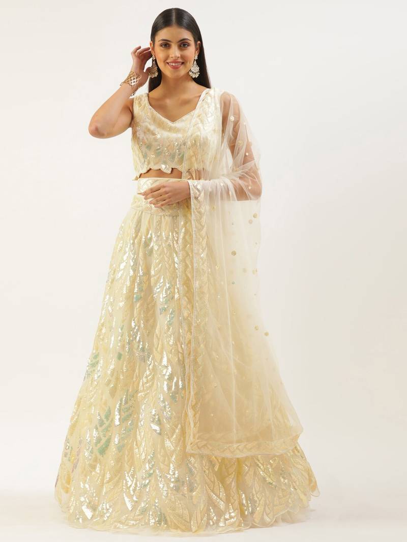 Outstanding Yellow Sequins Net Lehenga Choli With Dupatta