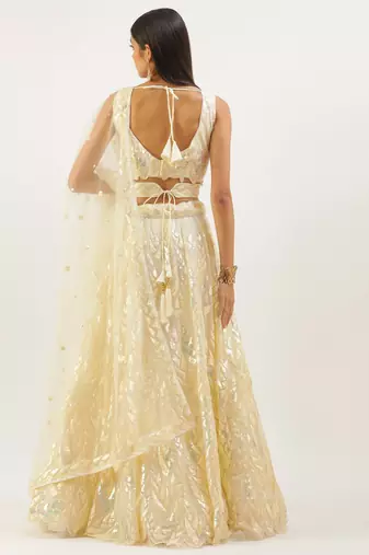 yellow sequins net lehenga set choli with dupatta with dupatta