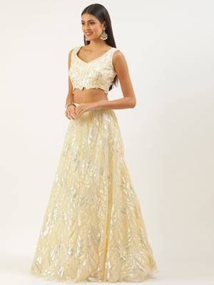 yellow sequins net lehenga set choli with dupatta with dupatta 4