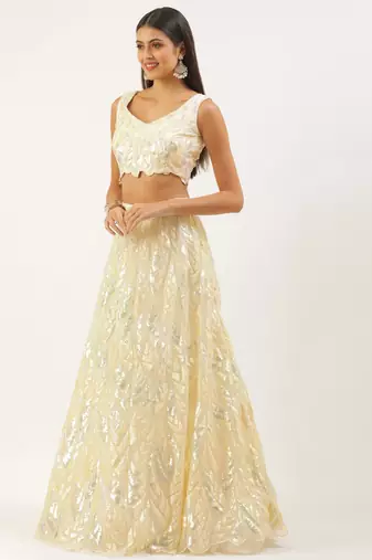yellow sequins net lehenga set choli with dupatta with dupatta