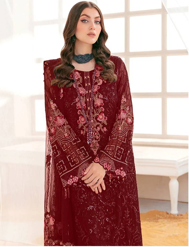 Maroon pakistani suite with embroidery work