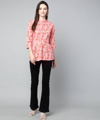 Anushil cotton cambric printed mandarian collar 3/4th sleeves short kurti style peplum top 5