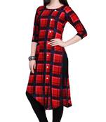 Red Rayon Checkered Women's Asymmetric Kurta