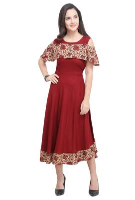 Maroon Rayon Printed Women's Flared Kurta 1