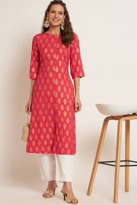 Pink Rayon Foil Print Women's A-line Kurta 1