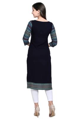 Navy Blue Rayon Printed Women's Straight Kurta 2