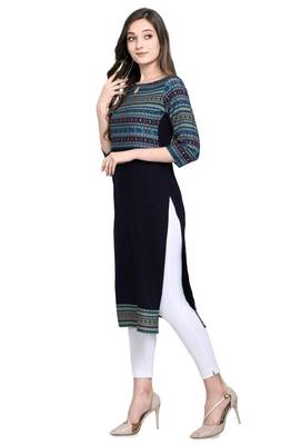 Navy Blue Rayon Printed Women's Straight Kurta 1