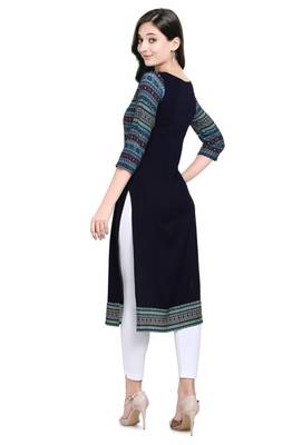Navy Blue Rayon Printed Women's Straight Kurta 3