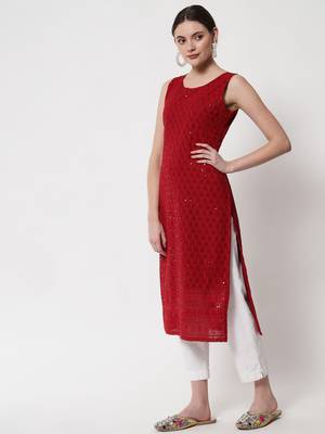Maroon Georgette Embroidered Women's Straight Kurta 1
