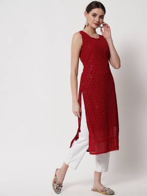 Maroon Georgette Embroidered Women's Straight Kurta 3