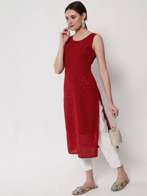 Maroon Georgette Embroidered Women's Straight Kurta 5