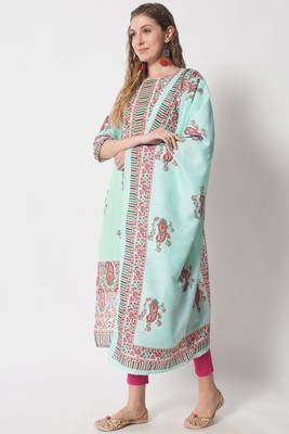 Light Mint Tribal Print Silk Blend Women's Kurta, Pyjama & Dupatta Set 1