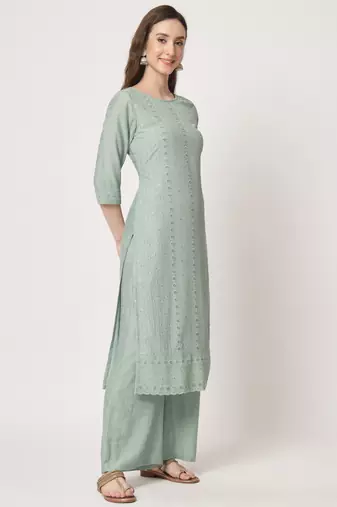 Pista Embroidered Silk Blend  Kurta pant and Palazzo Set