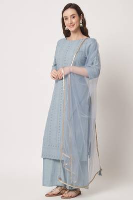 Sky Blue Embroidered Silk Blend  Kurta pant and Palazzo Set 1