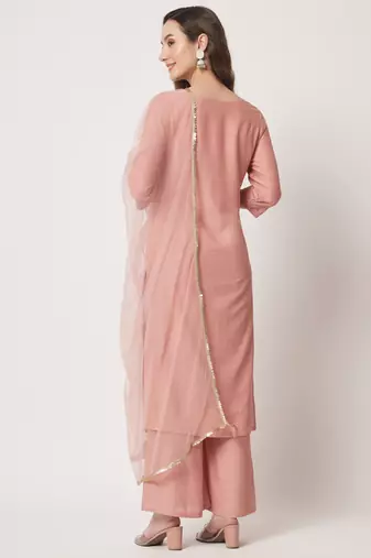 Peach Embroidered Silk Blend  Kurta pant and Palazzo Set