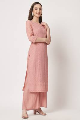 Peach Embroidered Silk Blend  Kurta pant and Palazzo Set 1