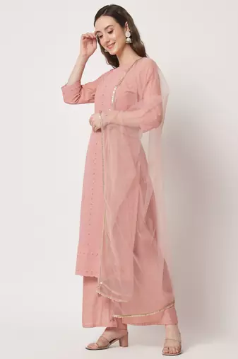 Peach Embroidered Silk Blend  Kurta pant and Palazzo Set