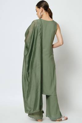 Dusty Green Embroidered Rayon Women's Kurta,Palazzo and Dupatta Set 2