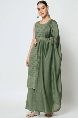 Dusty Green Embroidered Rayon Women's Kurta,Palazzo and Dupatta Set 1