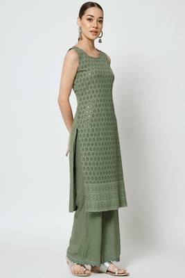Dusty Green Embroidered Rayon Women's Kurta,Palazzo and Dupatta Set 3