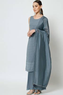 Grey Embroidered Rayon  Kurta Palazzo and Dupatta Set 1