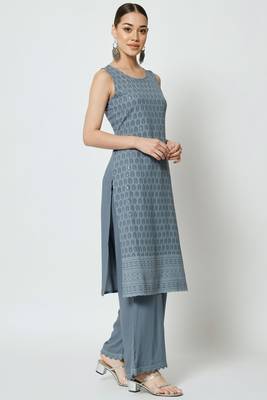 Grey Embroidered Rayon  Kurta Palazzo and Dupatta Set 3