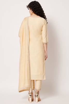 Cream Woven Silk Blend  Kurta pant  with Dupatta Set 2