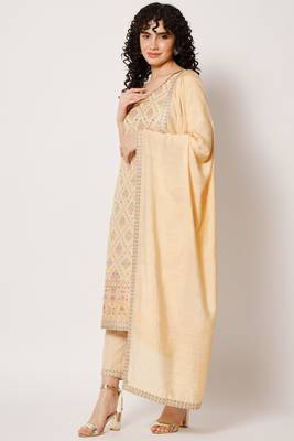 Cream Woven Silk Blend  Kurta pant  with Dupatta Set 1