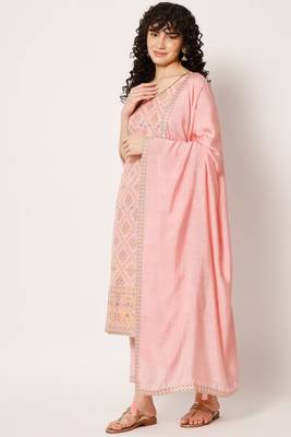 Pink Woven Silk Blend Women's Kurta, Pyjama & Dupatta Set 1