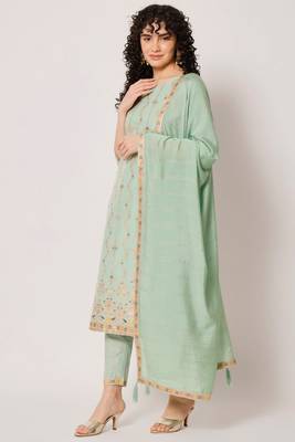Sea Green Woven Silk Blend Women's Kurta, Pyjama & Dupatta Set 1