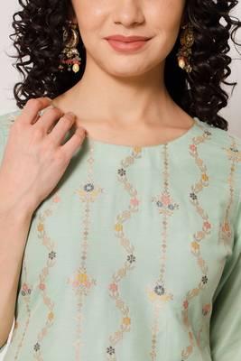 Sea Green Woven Silk Blend Women's Kurta, Pyjama & Dupatta Set 4