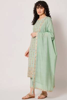 Sea Green Woven Silk Blend  Kurta pant  with Dupatta Set 1