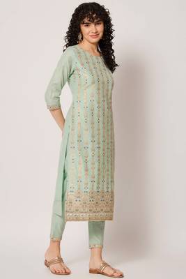 Sea Green Woven Silk Blend  Kurta pant  with Dupatta Set 3