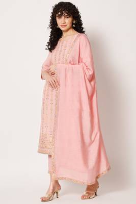 Pink Woven Silk Blend  Kurta pant  with Dupatta Set 1