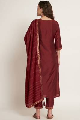 Dark Maroon Woven Silk Blend  Kurta pant  with Dupatta Set 2