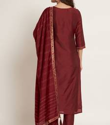 Dark Maroon Woven Silk Blend Women's Kurta, Pyjama & Dupatta Set