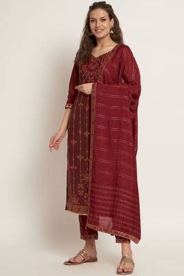 Dark Maroon Woven Silk Blend  Kurta pant  with Dupatta Set 1