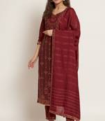 Dark Maroon Woven Silk Blend Women's Kurta, Pyjama & Dupatta Set