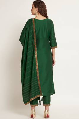 Dark Green Woven Silk Blend Women's Kurta, Pyjama & Dupatta Set 2