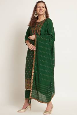 Dark Green Woven Silk Blend Women's Kurta, Pyjama & Dupatta Set 1