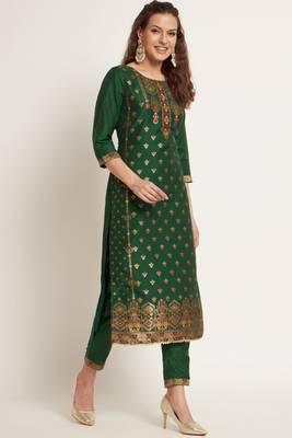 Dark Green Woven Silk Blend Women's Kurta, Pyjama & Dupatta Set 3