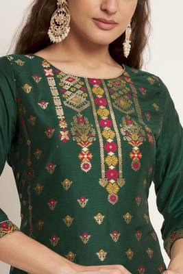Dark Green Woven Silk Blend Women's Kurta, Pyjama & Dupatta Set 4