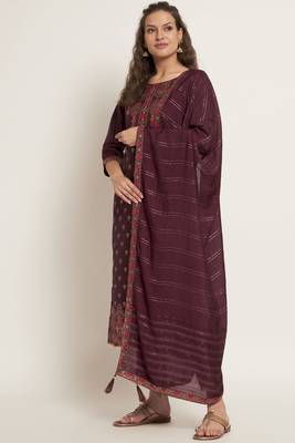 Dark Wine Woven Silk Blend Women's Kurta, Pyjama & Dupatta Set 1