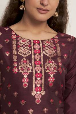 Dark Wine Woven Silk Blend Women's Kurta, Pyjama & Dupatta Set 4
