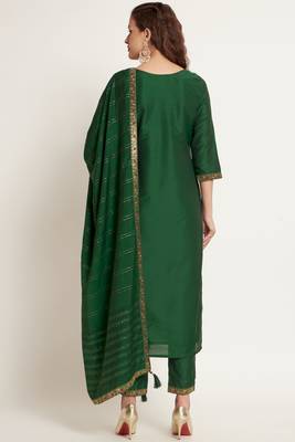 Dark Green Woven Silk Blend  Kurta pant  with Dupatta Set 2