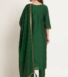 Dark Green Woven Silk Blend Women's Kurta, Pyjama & Dupatta Set