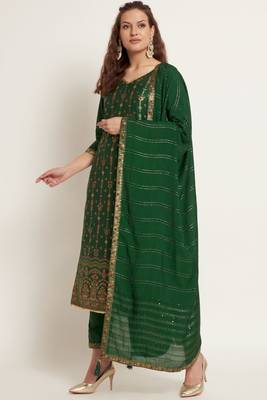 Dark Green Woven Silk Blend  Kurta pant  with Dupatta Set 1